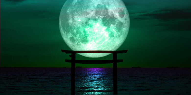 full sturgeon moon silhouette torii wooden Japanese pillar stand on sea night sky