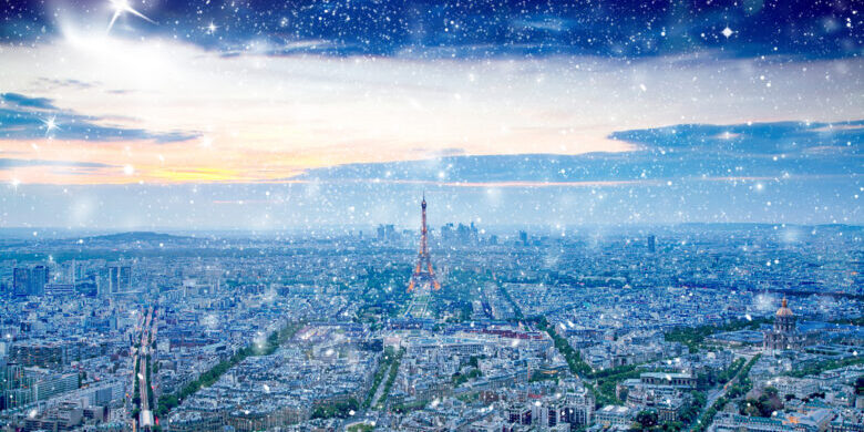 snowfall over Paris winter Christmas background 冬の東京