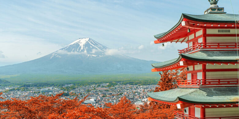 Mt. Fuji with fall colors in Japan.