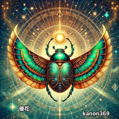 古代エジプトで スカラベは「太陽と再生」の象徴。 フンコロガシが糞を転がす姿は、まるで 太陽を転がす神聖なエネルギー